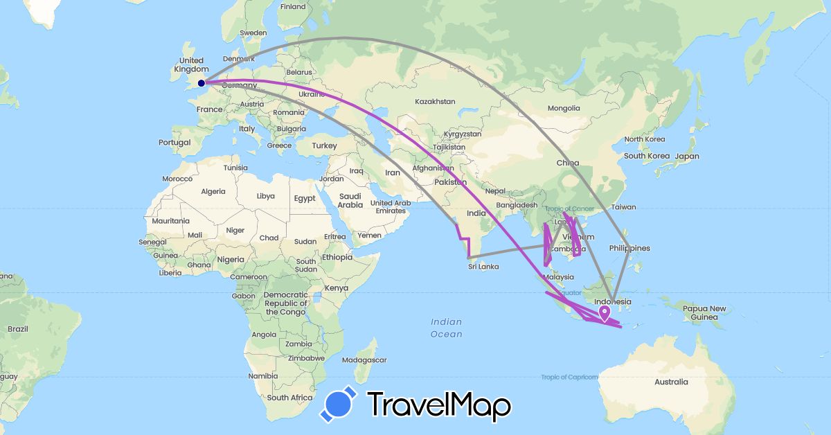 TravelMap itinerary: driving, plane, train in United Kingdom, Indonesia, India, Laos, Philippines, Thailand, Vietnam (Asia, Europe)